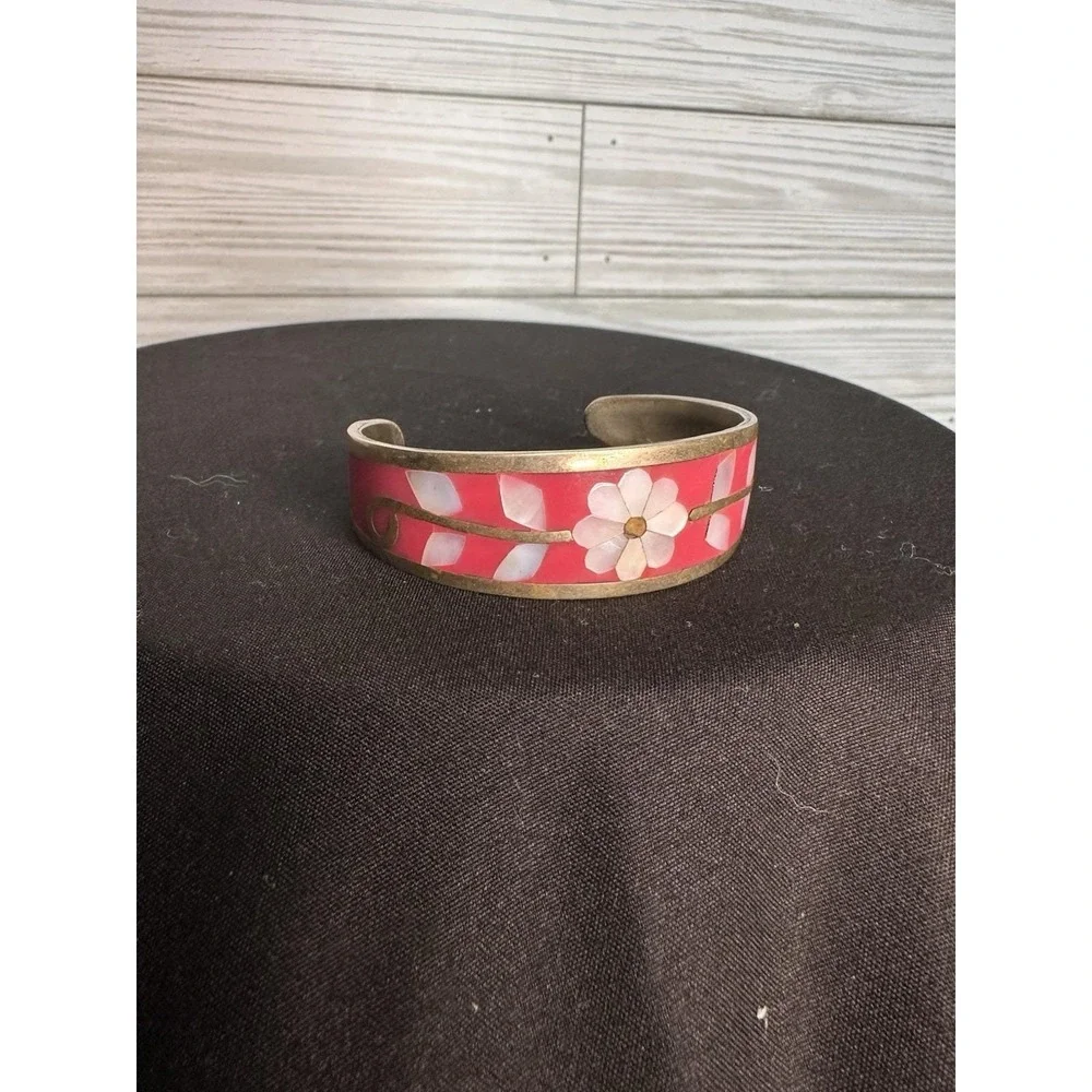 Vintage Mexico SILVER Pink Abalone Mother Of Pearl Inlay Cuff Bracelet